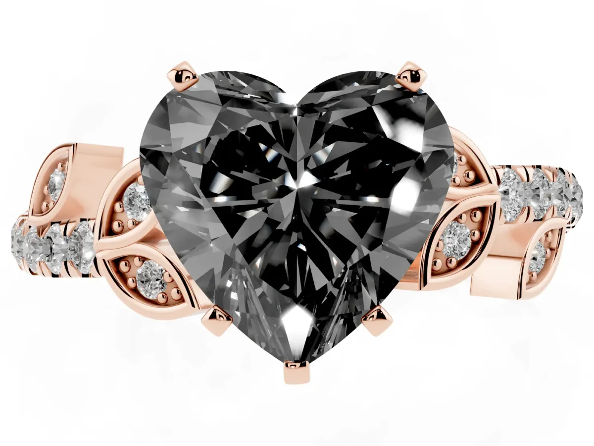 Fancy Black Heart Cut Solitaire Leaf-Inspired Diamond Ring with Pavé Band and Four-Prong Setting Rose gold