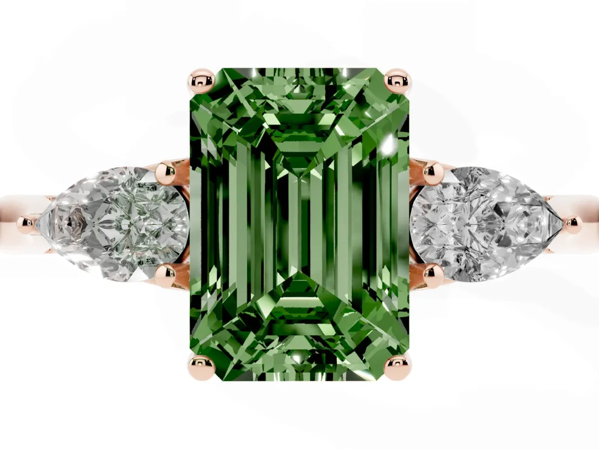 Fancy Green Three-Stone Emerald Cut Brilliant Diamond Solitaire Ring with Tapered Band and Four-Prong Setting Rose gold