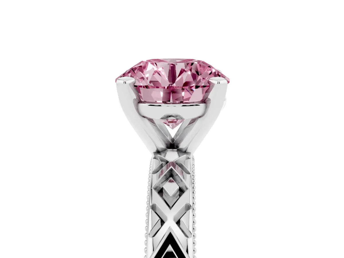 Fancy Pink Round Cut Solitaire Diamond Ring with Milgrain and Black Enamel X Pattern Band Silver