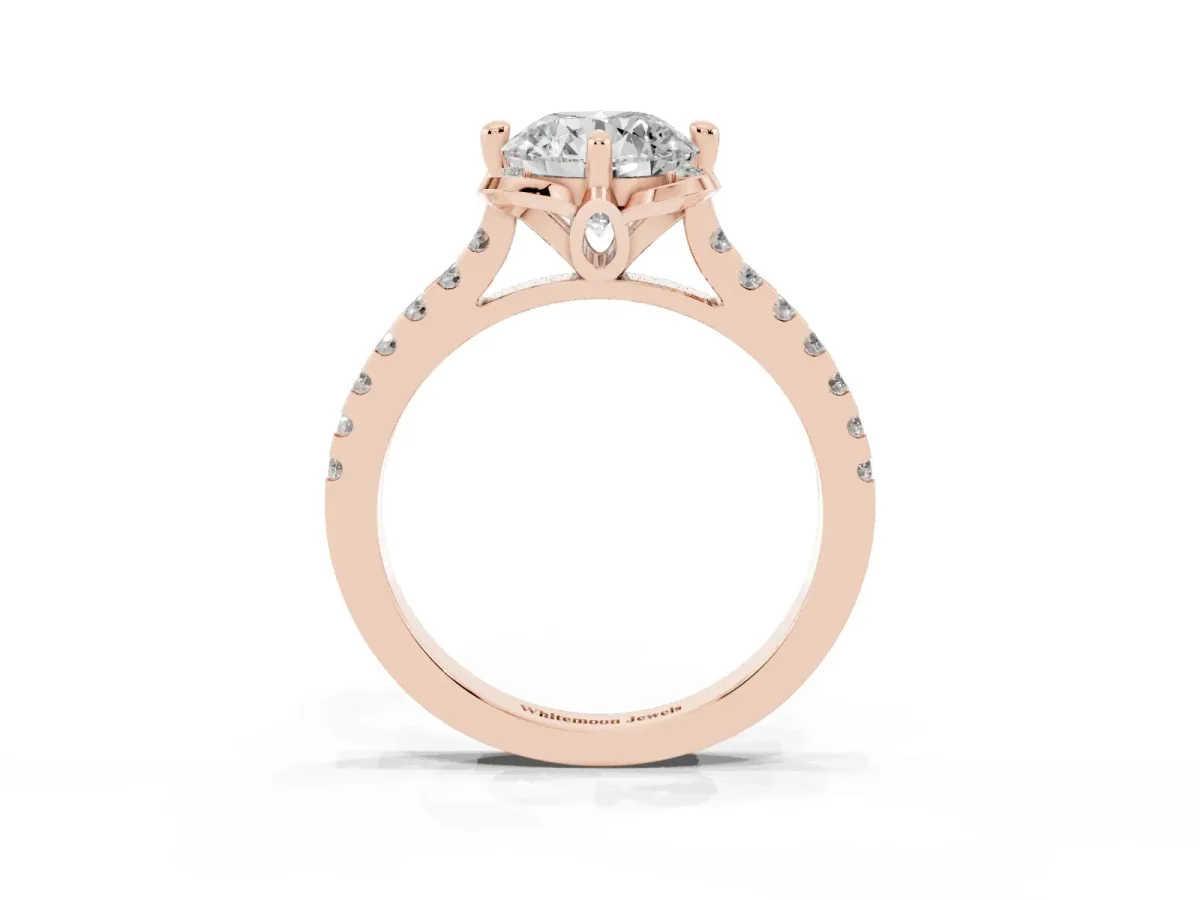 Round Cut Diamond Ring with Pavé Band and Floral Prong Setting Rose gold