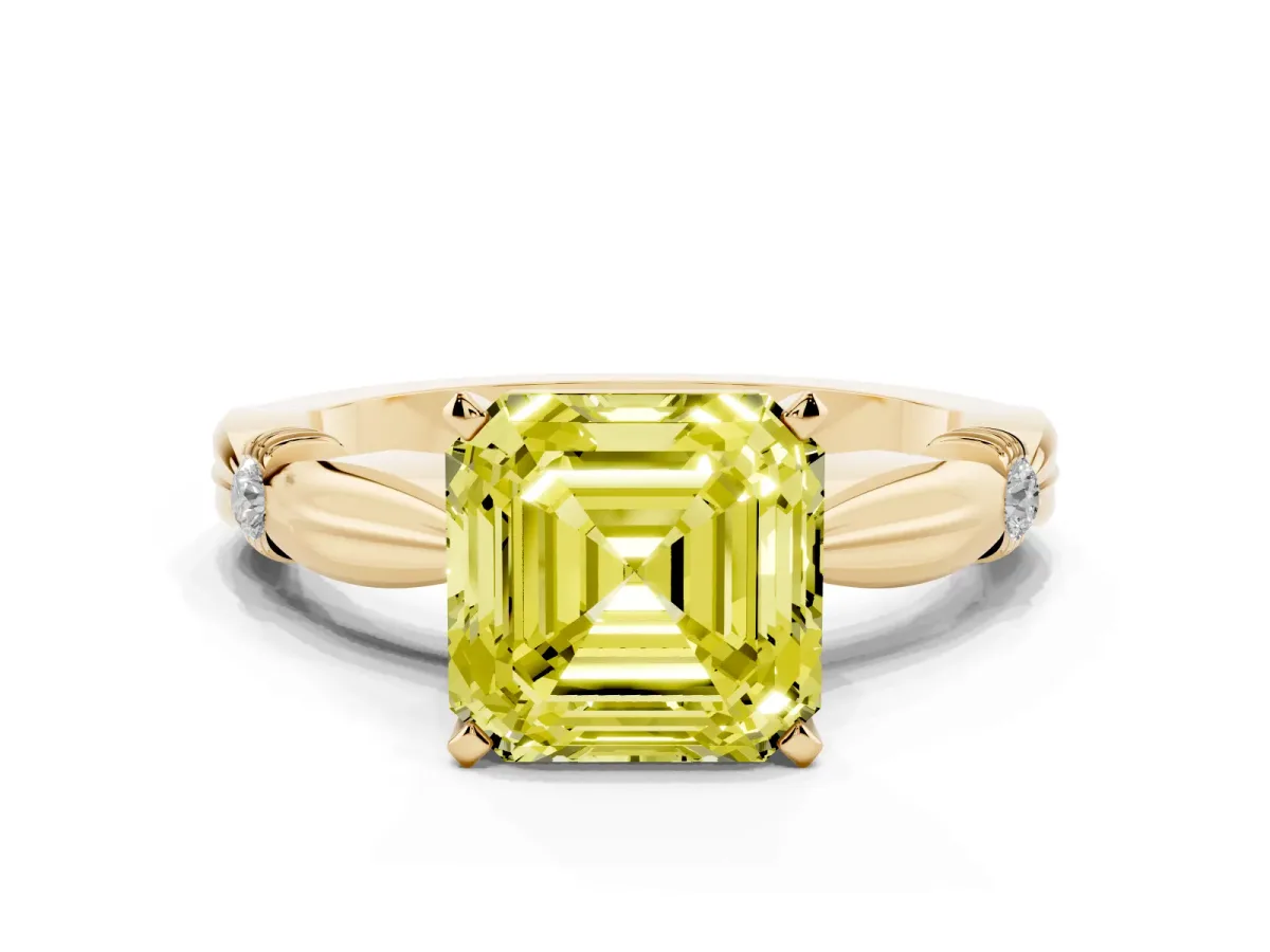 Fancy Yellow Asscher Cut Solitaire Diamond Twisted Band with Four-Prong Setting Yellow gold