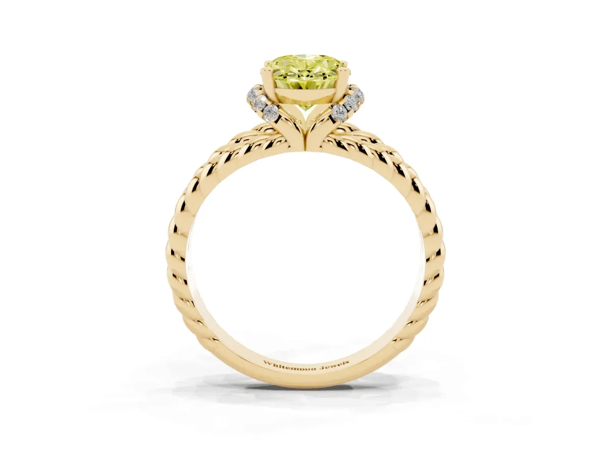 Fancy Yellow Oval Cut Halo Twisted Band Four-Prong Ring Yellow gold
