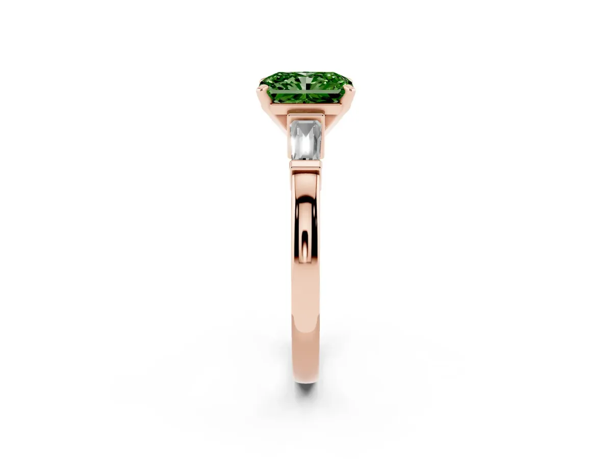 Fancy Green Radiant Cut Cut Diamond Solitaire Ring with Tapered Baguette Accents and Four-Prong Setting Rose gold