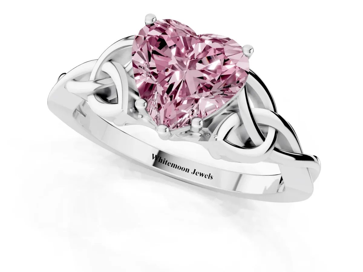 Fancy Pink Heart Cut Diamond Solitaire Engagement Ring with Celtic Knot Band and Four-Prong Setting Platinum