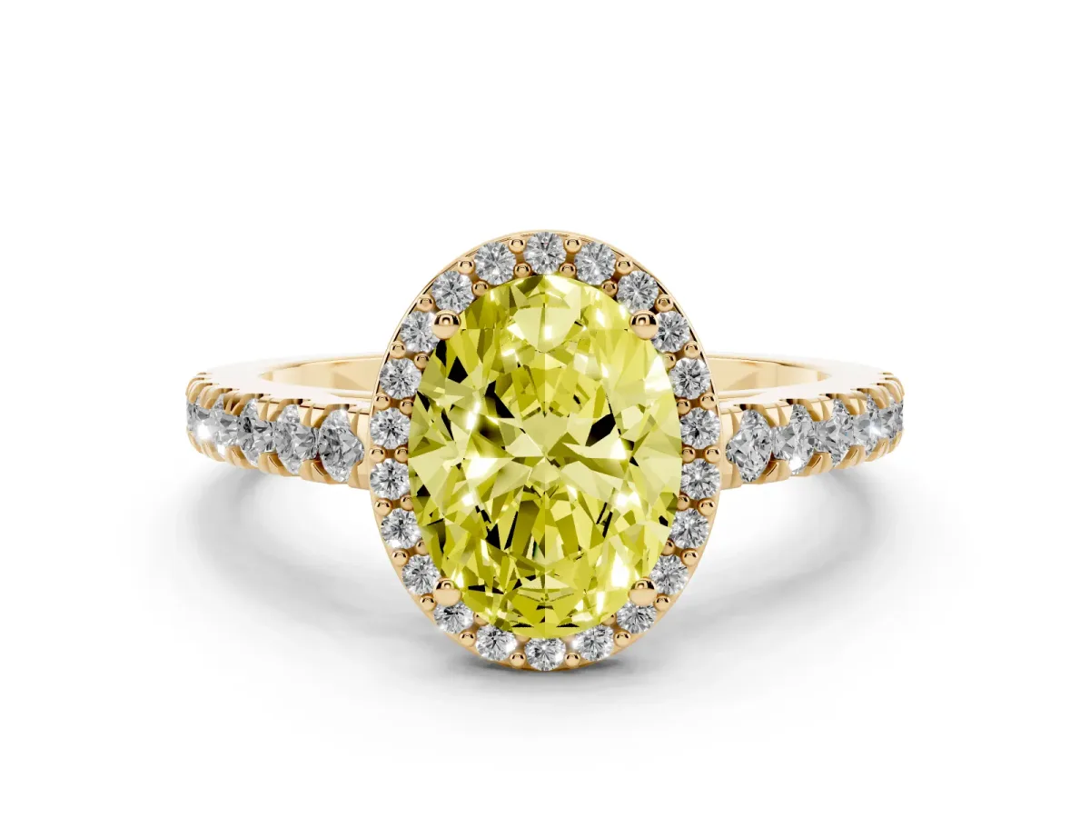 Fancy Yellow Oval Cut Cut Halo Diamond Engagement Ring with Pave Band and Four-Prong Setting Yellow gold