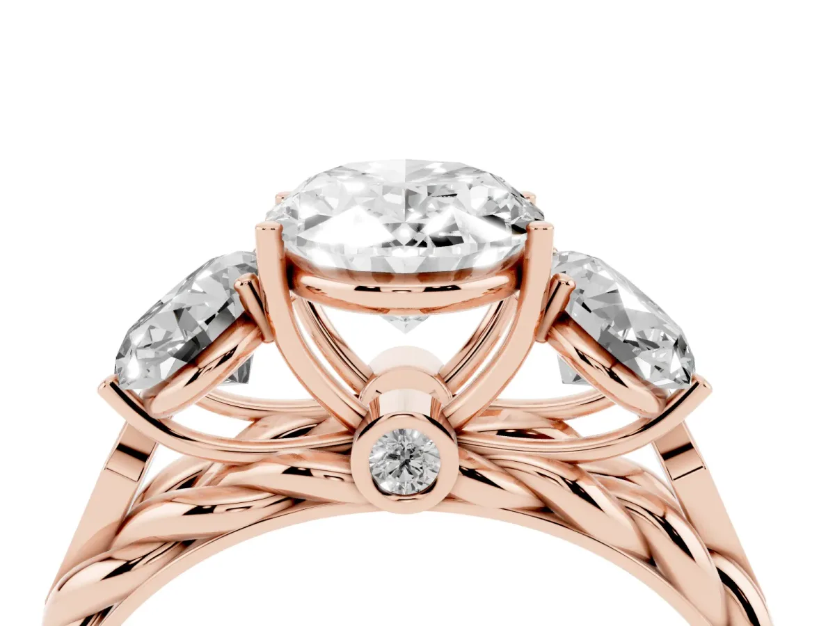 Three-Stone Oval Cut Diamond Braided Band Ring with Four-Prong Setting Rose gold