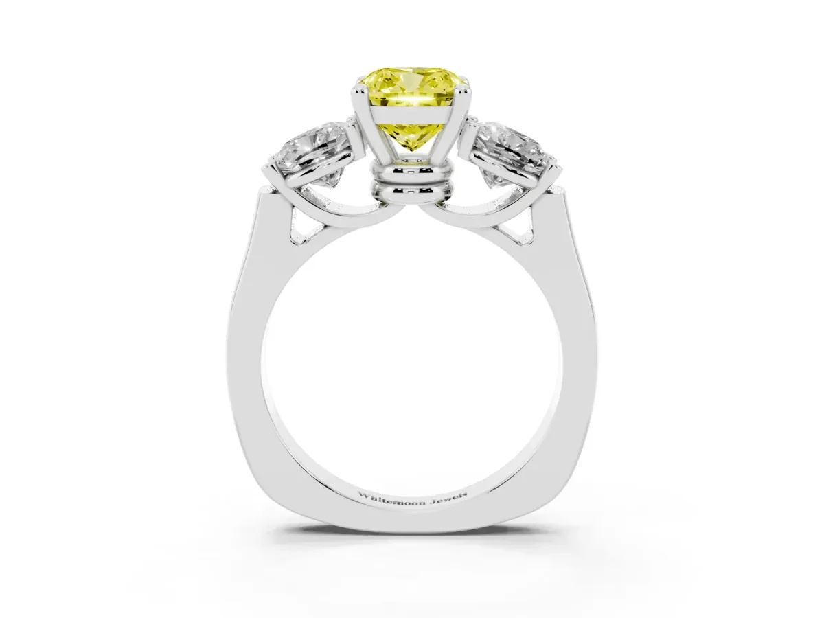 Fancy Yellow Three-Stone Cushion Cut Brilliant Diamond Trellis Ring with Comfort Fit Band White gold