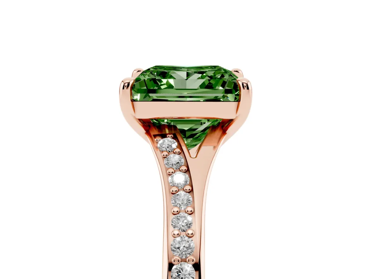 Fancy Green Princess Cut Diamond Solitaire Ring with Pavé Band and Prong Setting Rose gold