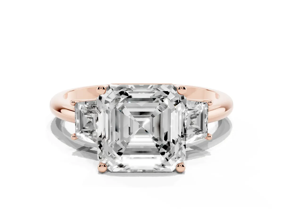 Asscher Cut Diamond Three-Stone Ring with Trapezoid Side Stones and Prong Setting Rose gold