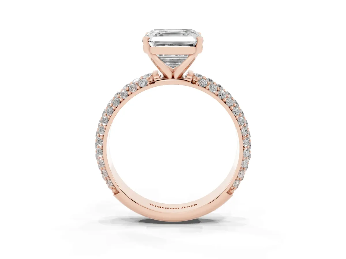 Asscher Cut Diamond Solitaire Ring with Prong Setting and Pavé Band Rose gold