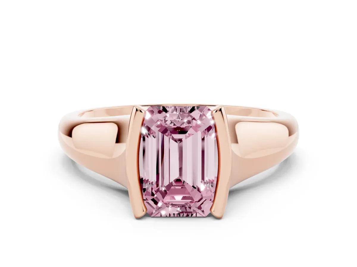 Fancy Pink Emerald Cut Solitaire Tension Set Diamond Ring with Split Shank Band Rose gold