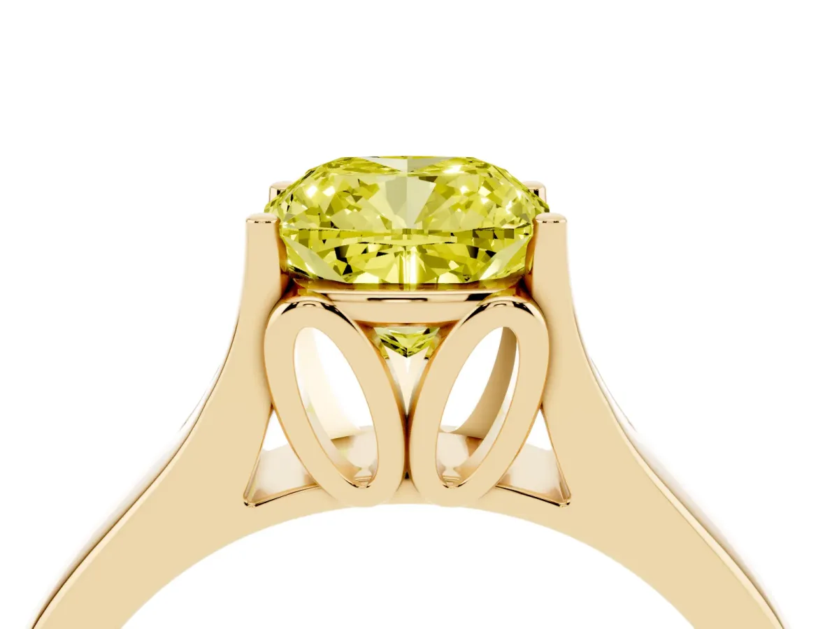 Fancy Yellow Cushion Cut Solitaire Diamond Ring with Cathedral Band and Four-Prong Setting Yellow gold