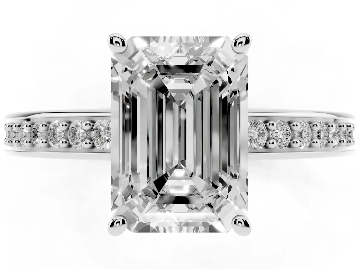 Emerald Cut Solitaire Pavé Band Prong Setting Ring White gold