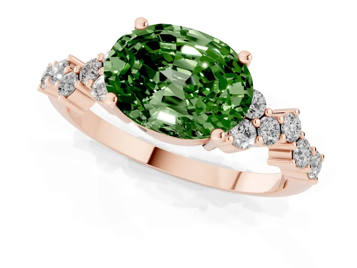 Fancy Green Oval Cut Diamond Scattered Round Accent Ring with Prong Setting Rose gold