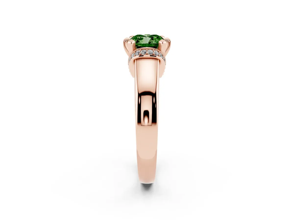 Fancy Green Cushion Cut Solitaire Diamond Ring with Pave Band and Six-Prong Setting Rose gold