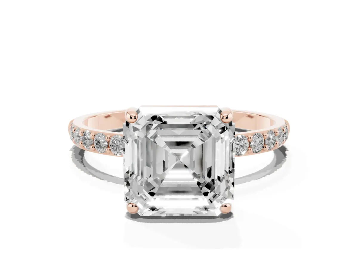 Asscher Cut Diamond Solitaire Ring with Round Pavé Band and Prong Setting Rose gold