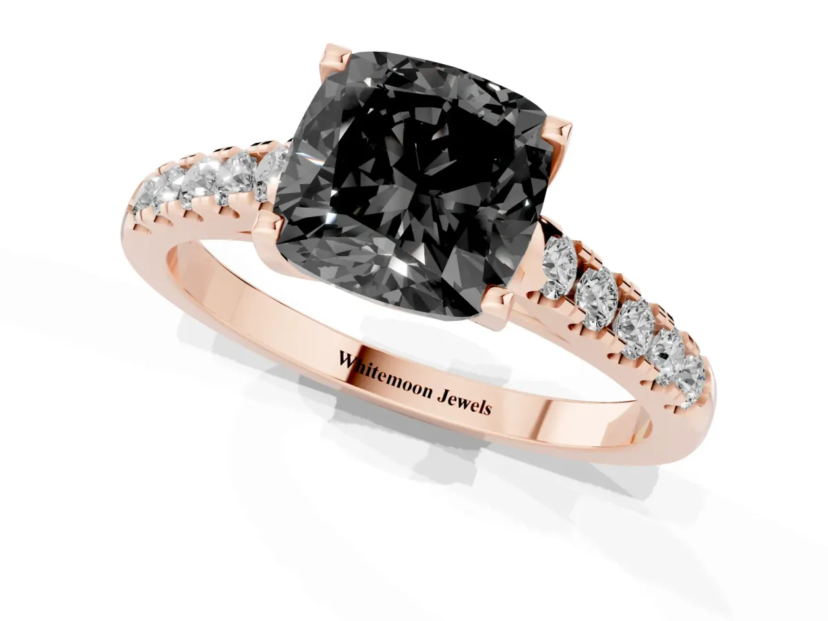 Fancy Black Cushion Cut Diamond Pavé Band Solitaire Ring with Prong Setting Rose gold
