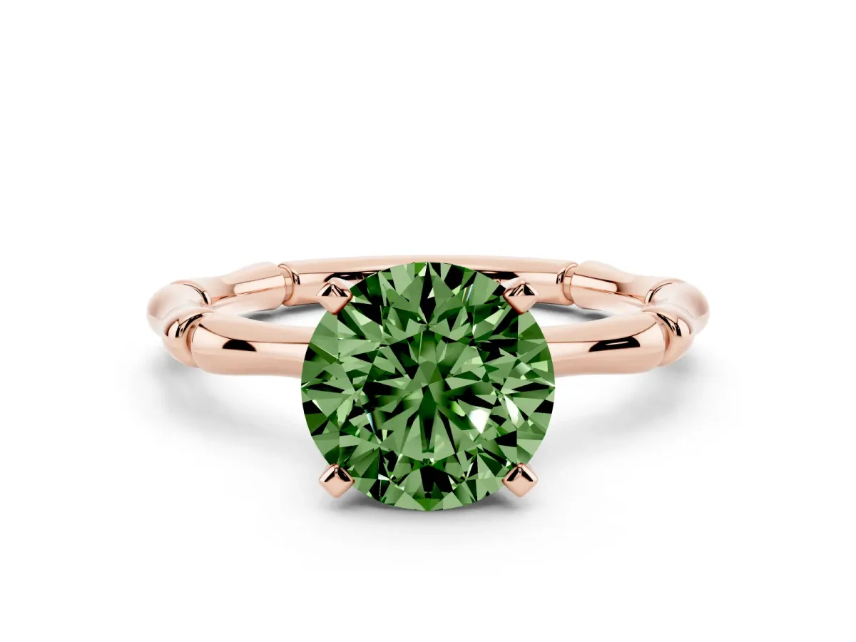 Fancy Green Round Cut Solitaire Diamond Ring with Bamboo Band and Four-Prong Setting Rose gold