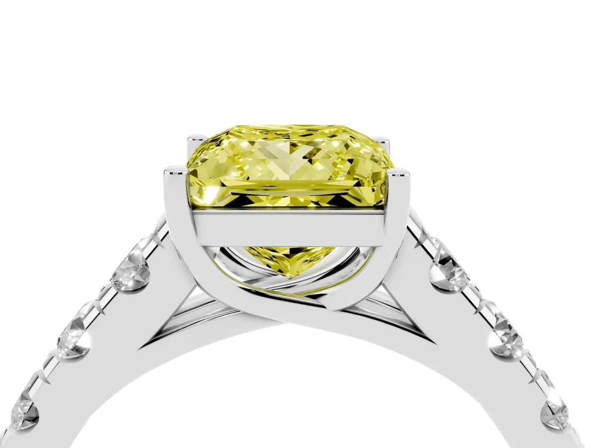 Fancy Yellow Princess Cut Cut Diamond Solitaire Ring with Micro Pave Band and Prong Setting Silver
