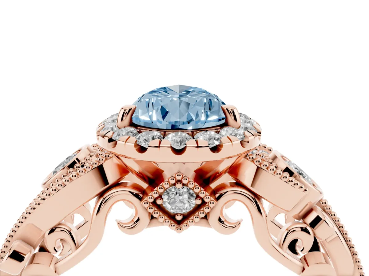 Fancy Blue Pear Cut Halo Diamond Ring with Milgrain and Bezel Accents on a Split Shank Band Rose gold