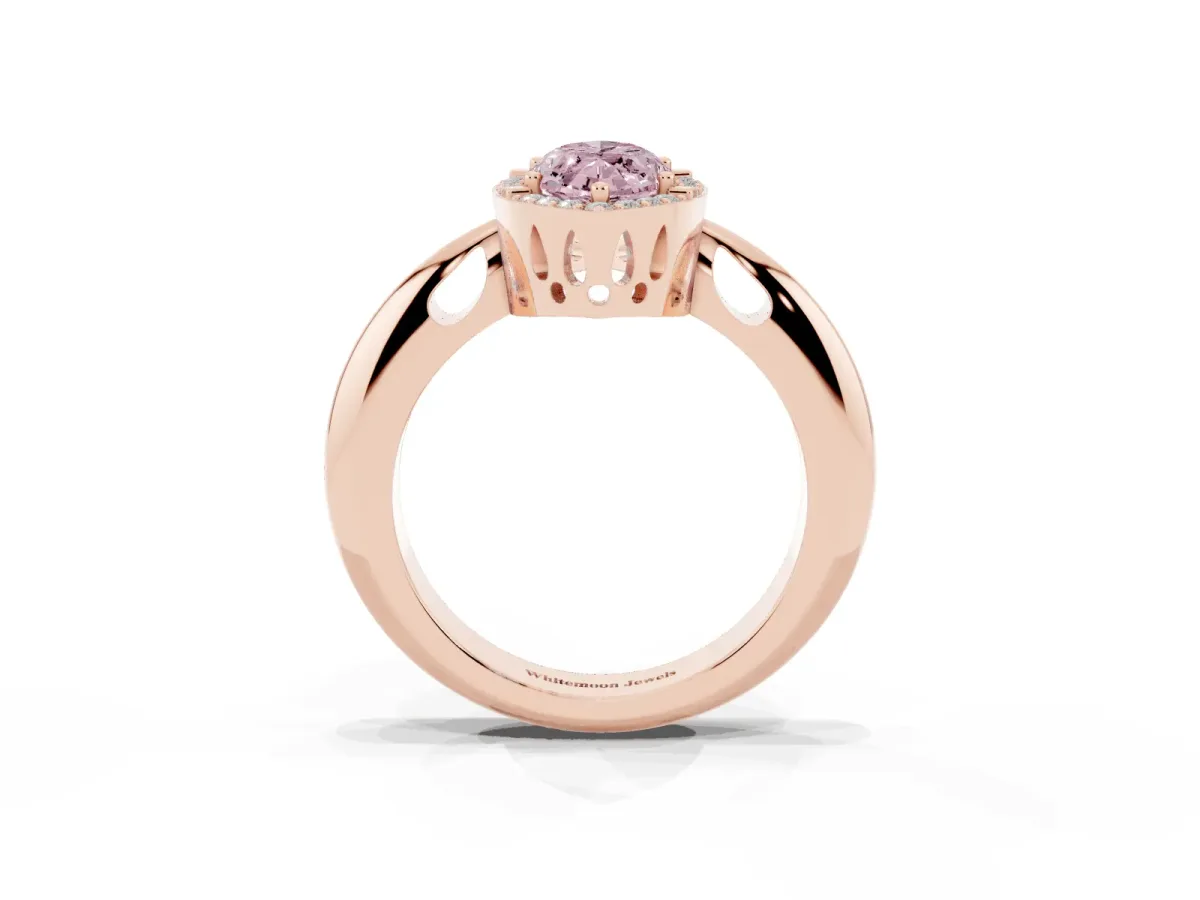 Fancy Pink Marquise Cut Cut Diamond Halo Engagement Ring with Split Shank and Four-Prong Setting Rose gold