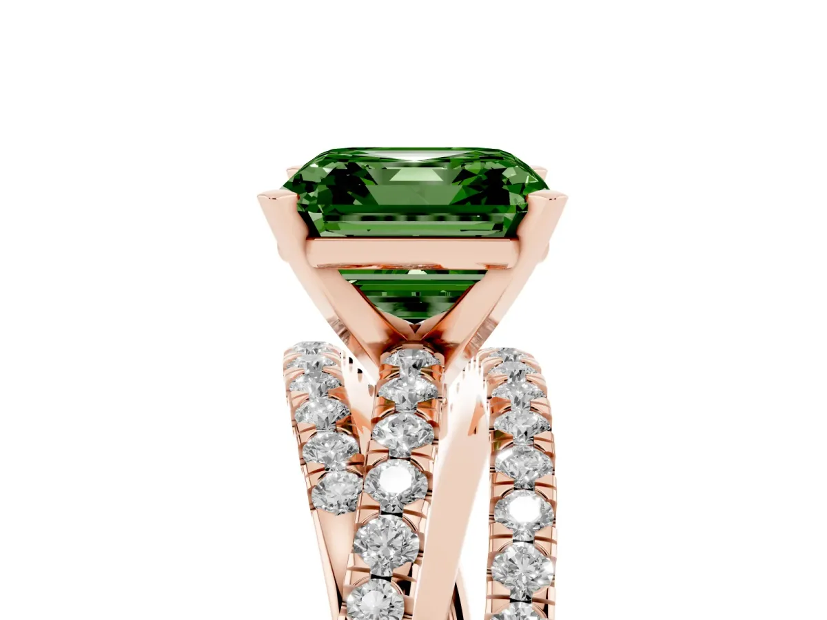 Fancy Green Asscher Cut Solitaire Twist Band with Pavé Setting and Four-Prong Setting Rose gold