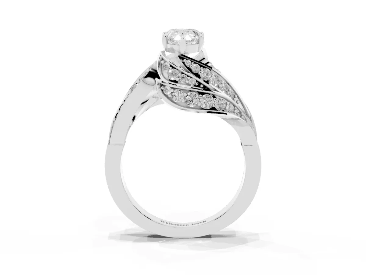 Pear Cut Diamond Solitaire Ring with Prong Setting and Twisted Pavé Band Silver
