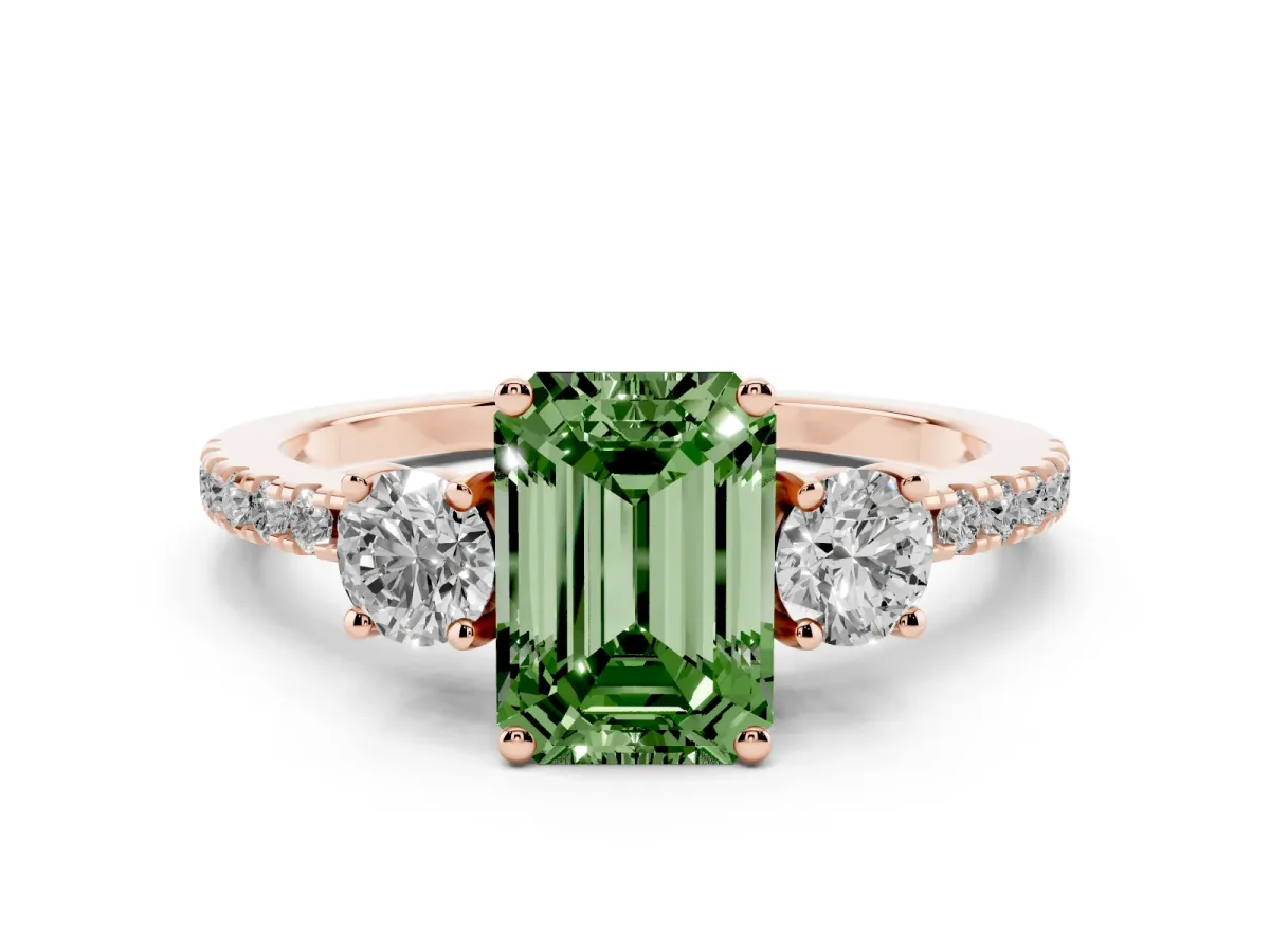 Fancy Green Three-Stone Emerald Cut Cut Diamond Pavé Band with Prong Setting Rose gold