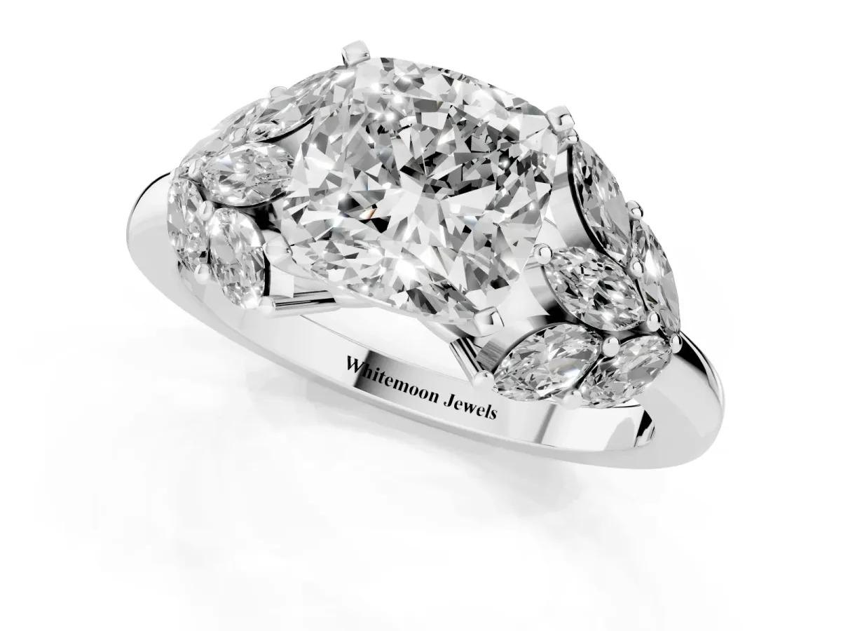 Cushion Cut Diamond Cluster Leaf Design Ring with Prong Setting Silver