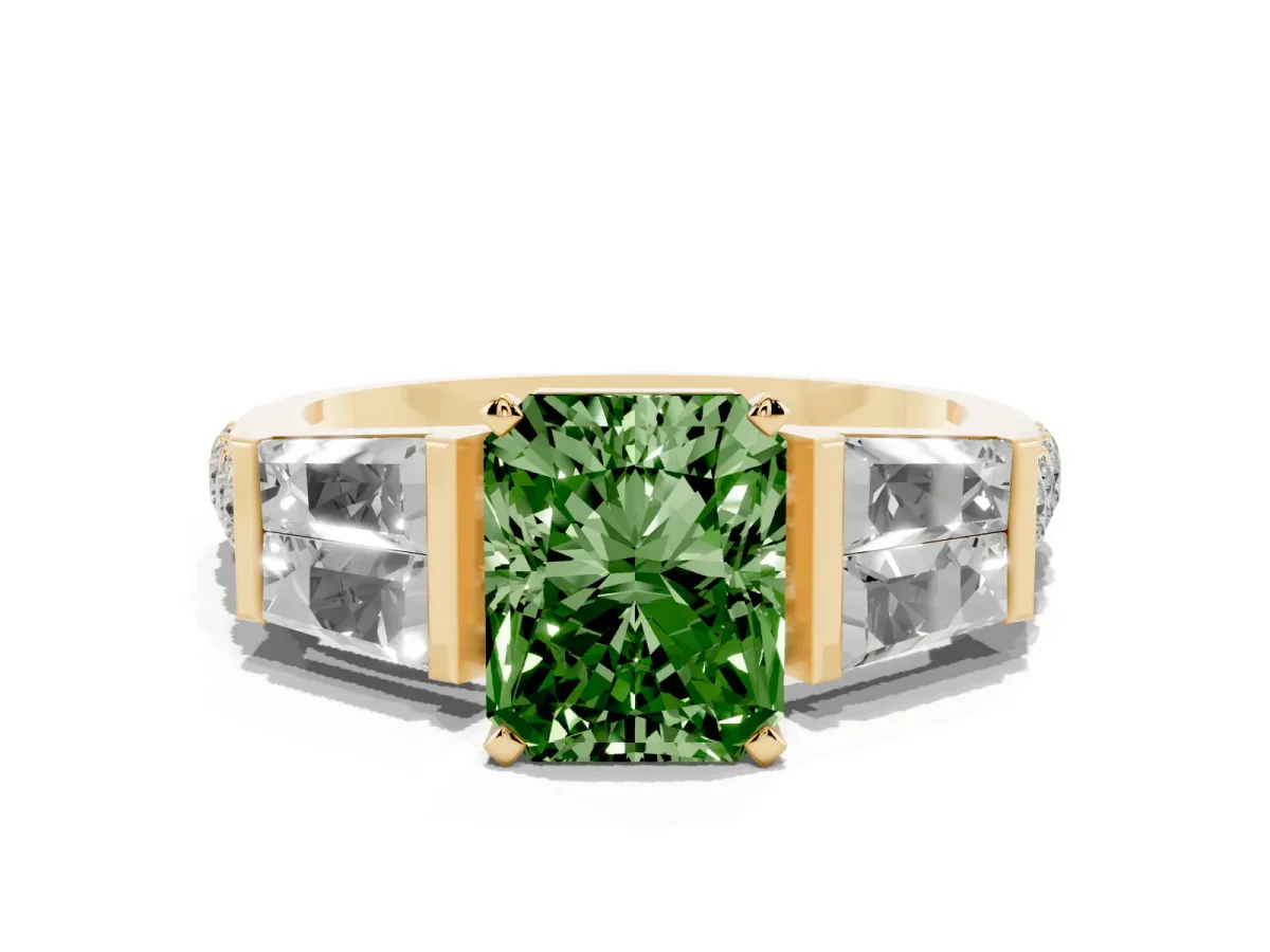 Fancy Green Radiant Cut Diamond Engagement Ring with Baguette Side Stones and Channel Set Band Yellow gold
