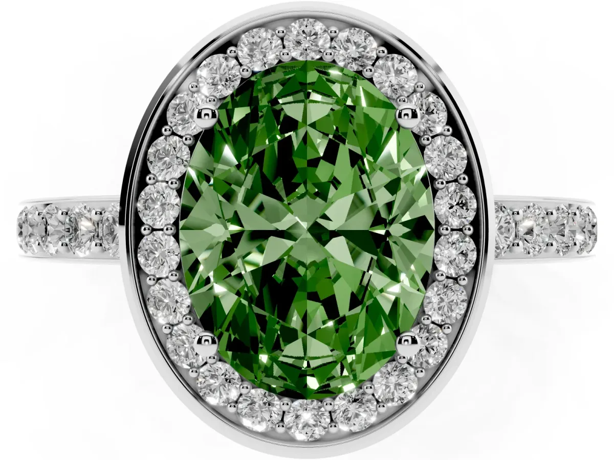 Fancy Green Oval Cut Diamond Halo Ring with Bezel Frame and Pavé Band Silver