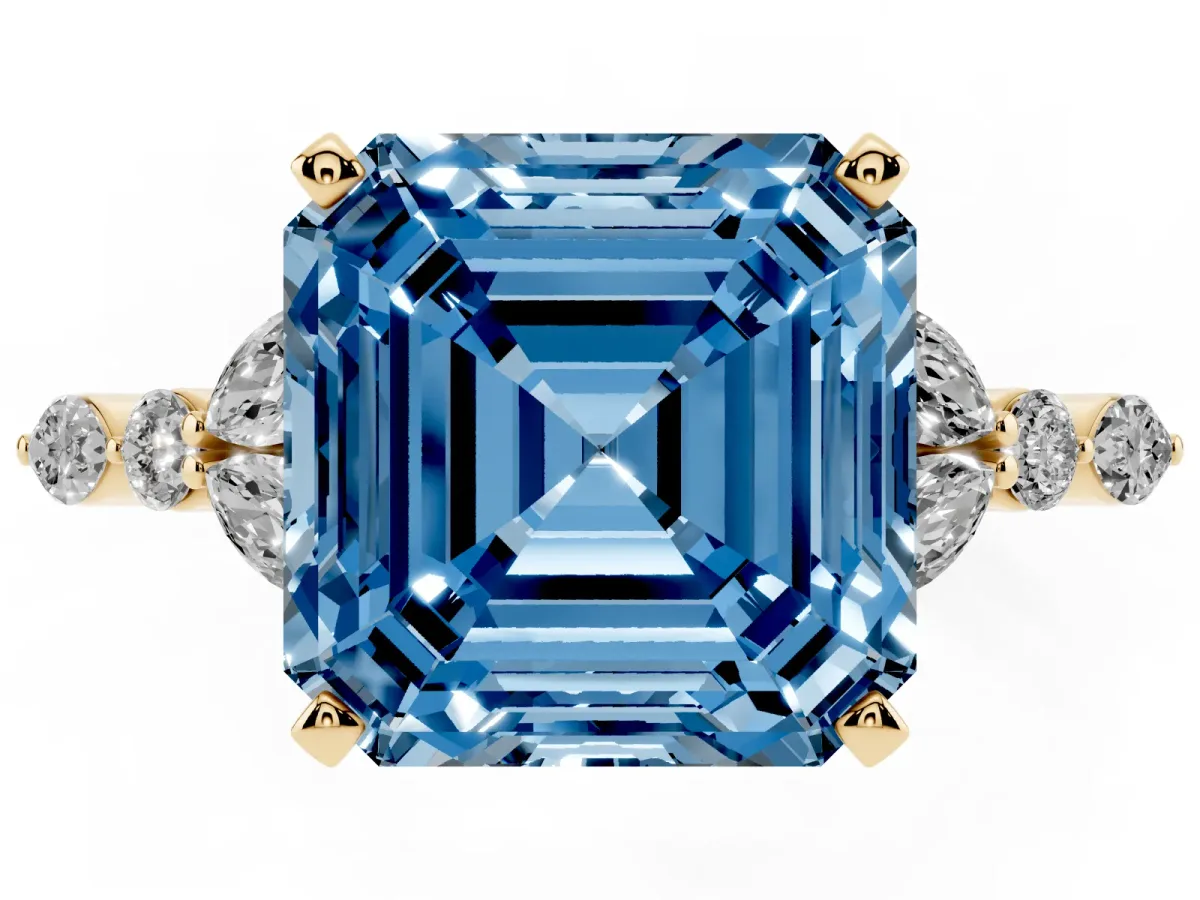 Fancy Blue Asscher Cut Diamond Solitaire Ring with Side Stones and Four-Prong Setting Yellow gold
