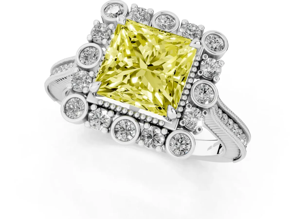 Fancy Yellow Princess Cut Halo Milgrain Pave Diamond Ring with Four-Prong Setting Platinum