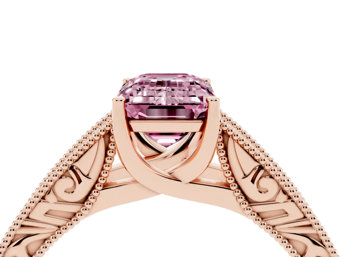 Fancy Pink Emerald Cut Diamond Solitaire Ring with Engraved Band and Four-Prong Setting Rose gold