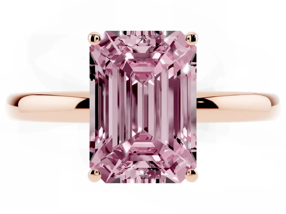Fancy Pink Emerald Cut Solitaire Diamond Ring with Prong Setting and Plain Band Rose gold