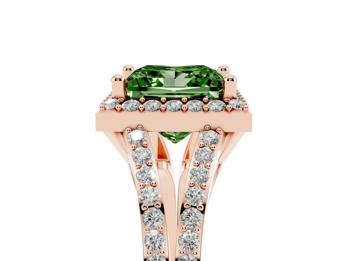 Fancy Green Princess Cut Halo Split Shank Diamond Ring with Prong Setting Rose gold