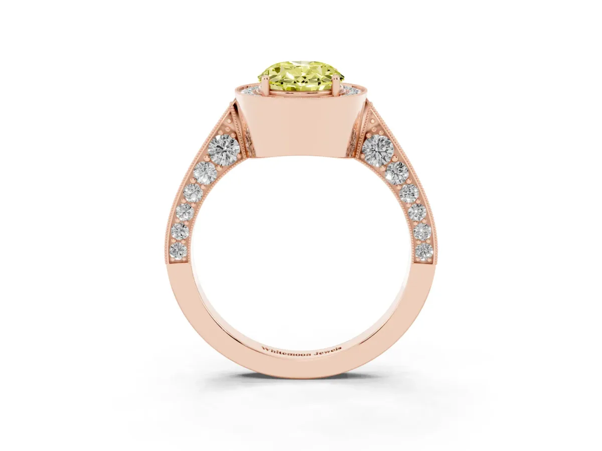 Fancy Yellow Oval Cut Halo Diamond Engagement Ring with Split Shank Band and Four-Prong Setting Rose gold