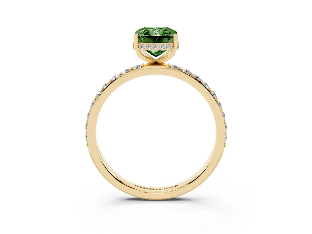 Fancy Green Radiant Cut Diamond Solitaire Ring with Pavé Band and Hidden Halo Yellow gold
