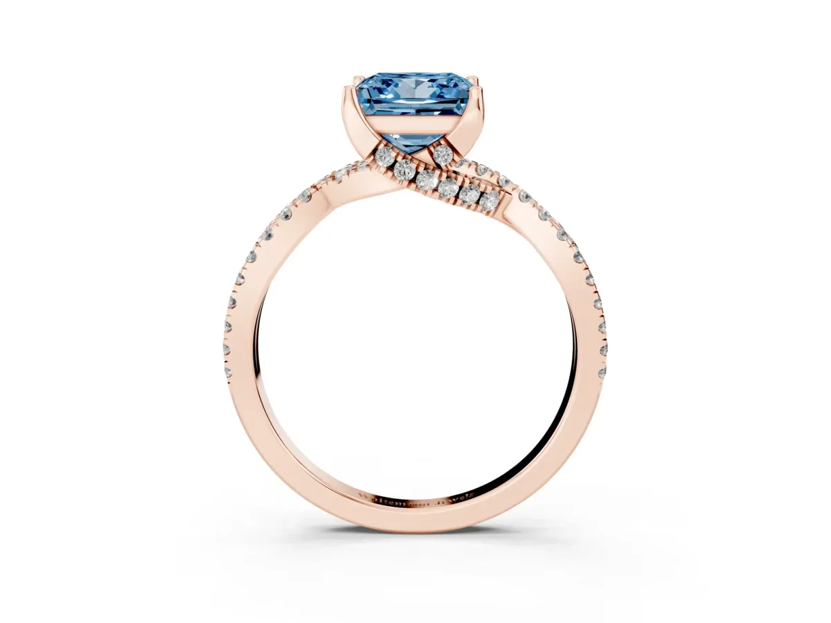 Fancy Blue Princess Cut Solitaire Twist Pave Diamond Engagement Ring with Prong Setting Rose gold