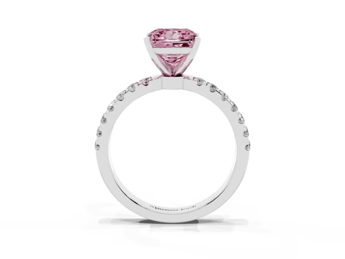 Fancy Pink Princess Cut Diamond Solitaire Ring with Pavé Accents and Four-Prong Setting Silver