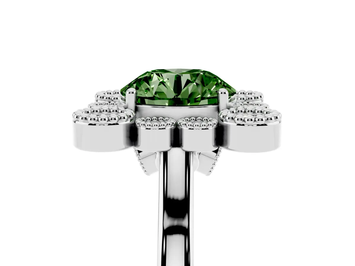 Fancy Green Round Cut Halo Diamond Cluster Engagement Ring with Milgrain Bezel Setting and Solitaire Band Silver