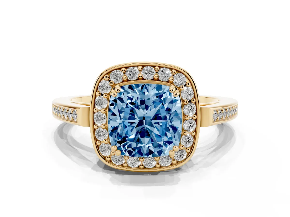Fancy Blue Cushion Cut Diamond Halo Ring with Split Shank and Four-Prong Setting Yellow gold