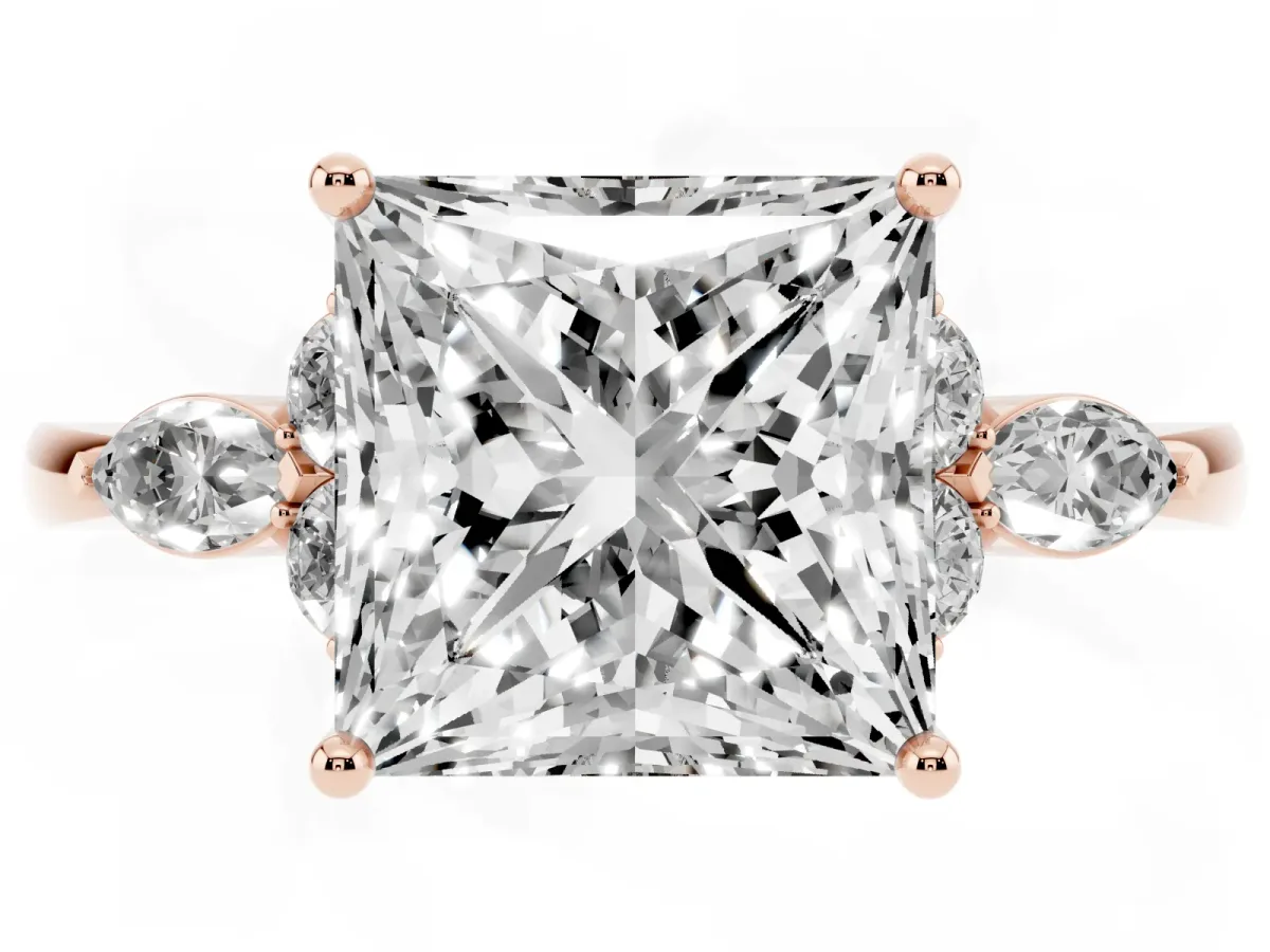 Princess Cut Brilliant Diamond Solitaire Ring with Pear Side Stones and Four-Prong Setting Rose gold