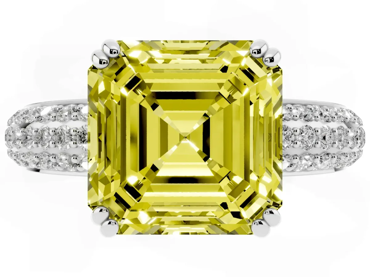 Fancy Yellow Asscher Cut Diamond Solitaire Ring with Multi-Row Round Pavé Band and Prong Setting Silver