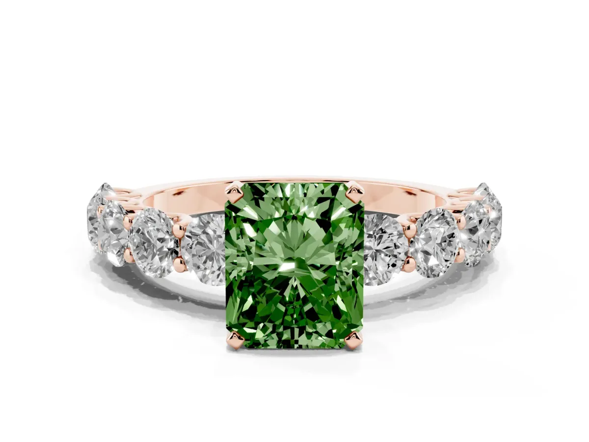 Fancy Green Radiant Cut Diamond Prong Setting with Side Stones on a Pave Band Rose gold