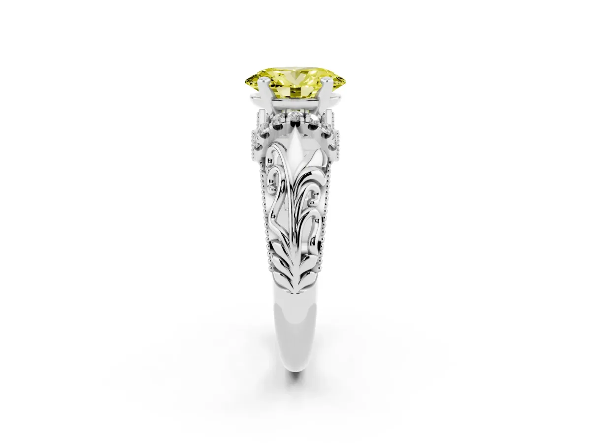 Fancy Yellow Oval Cut Solitaire Filigree Engagement Ring with Halo and Prong Setting Silver