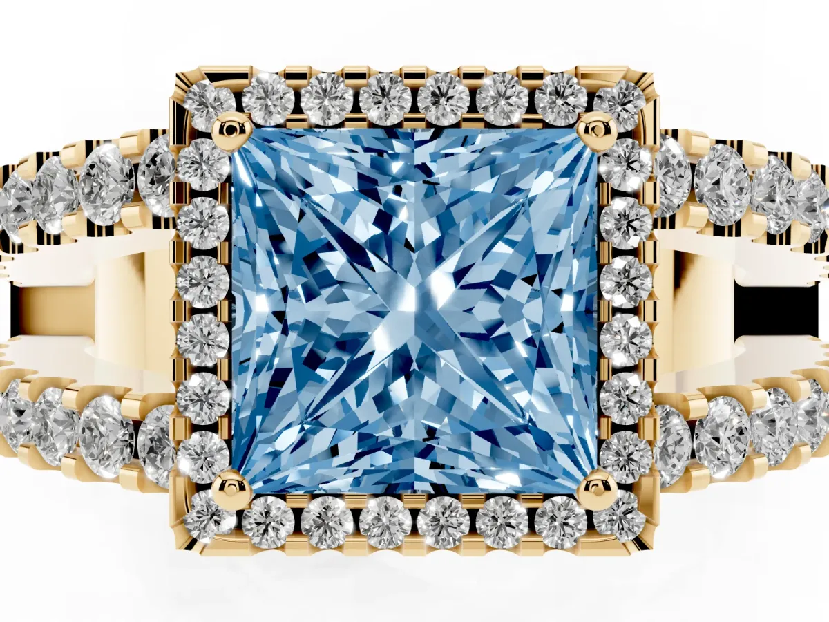 Fancy Blue Princess Cut Cut Halo Split Shank Diamond Ring with Four-Prong Setting Yellow gold