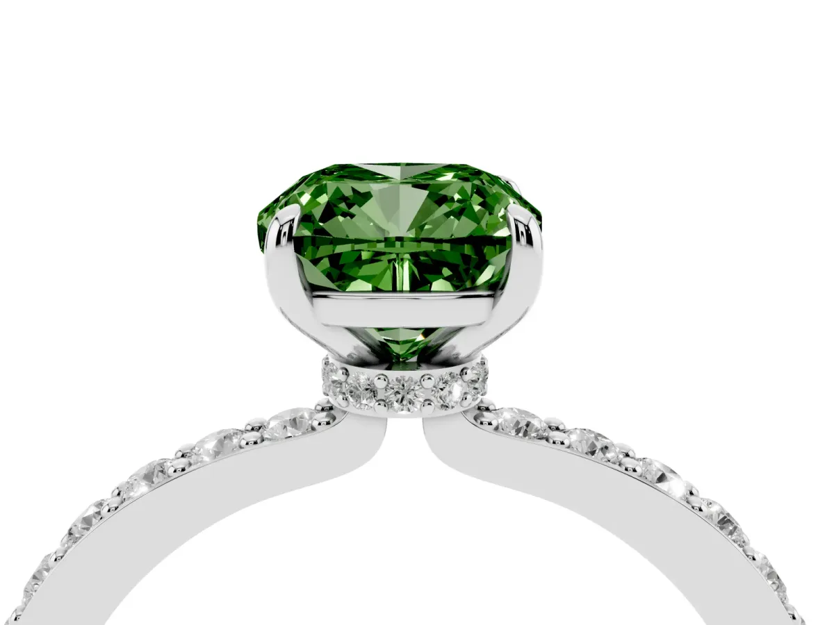 Fancy Green Cushion Cut Diamond Solitaire Engagement Ring with Pavé Band and Four-Prong Setting Silver