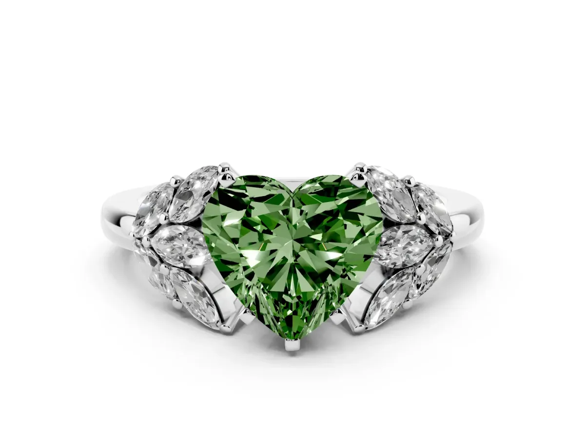Fancy Green Heart Cut Diamond Cluster Leaf Design Ring with Prong Setting White gold