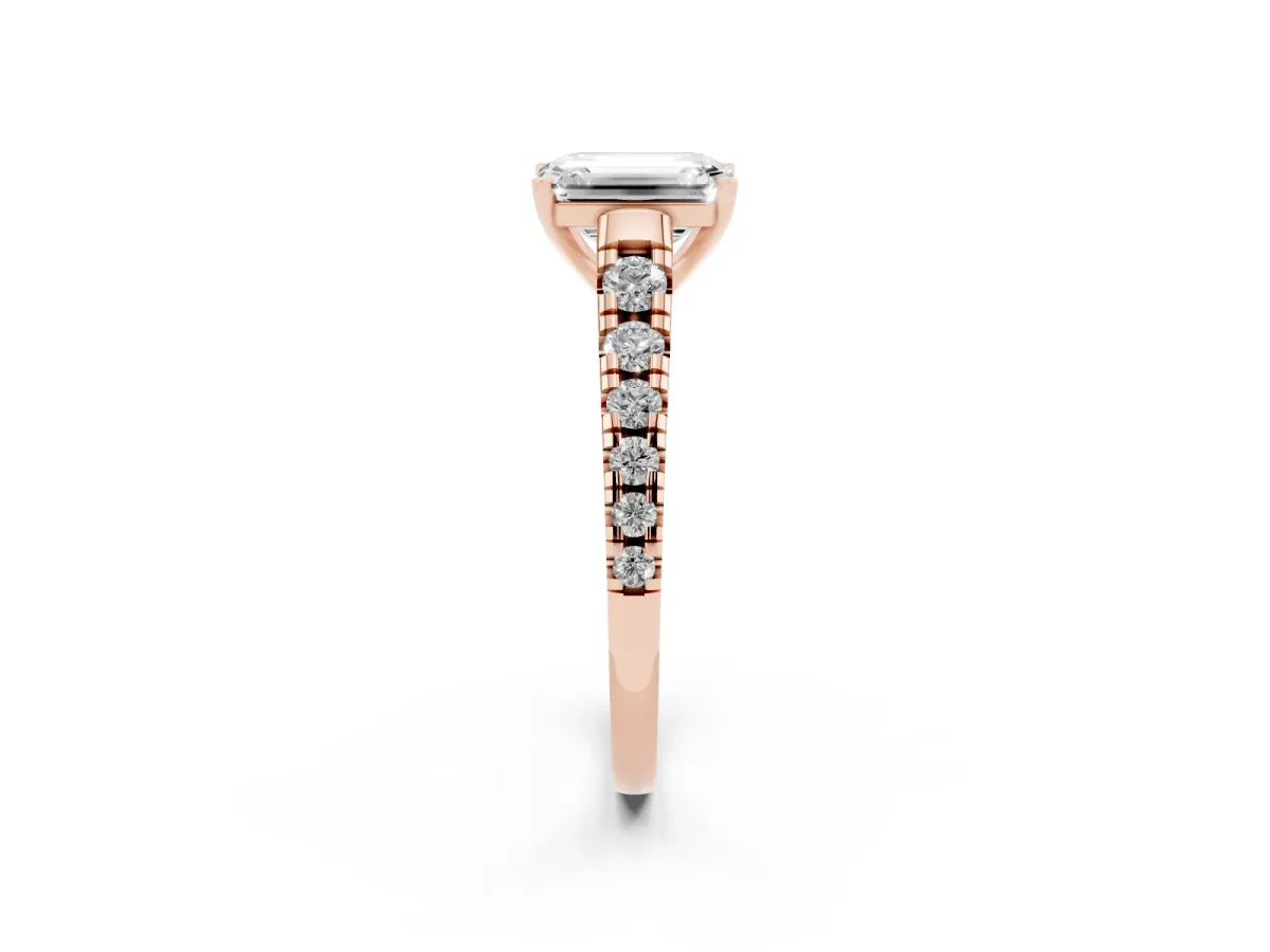 Emerald Cut Diamond Cathedral Solitaire Ring with Round Pavé Band Rose gold
